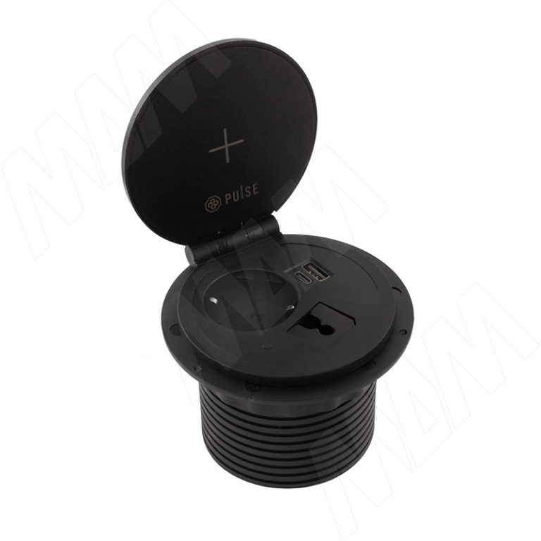 FLIP R блок розеток с откидной крышкой,  d=105 мм, 1 розетка, 1 USB, 1 USB Type-C,  быстрая зарядка, беспроводная зарядка, черный