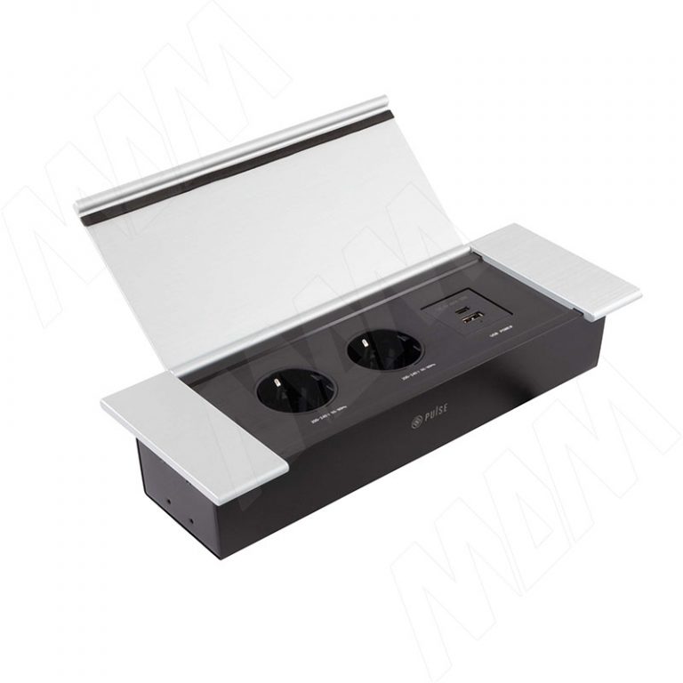 FLIP S блок розеток с откидной крышкой, 285*103 мм, 2 розетки, 1 USB, 1 USB Type-C, быстрая зарядка, серебро