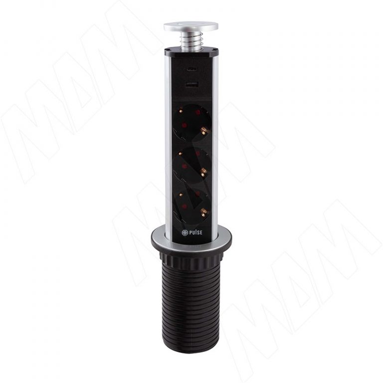 POST выдвижной блок розеток, d=60 мм, 3 розетки, 1 USB, 1 USB Type-C, быстрая зарядка, серебро