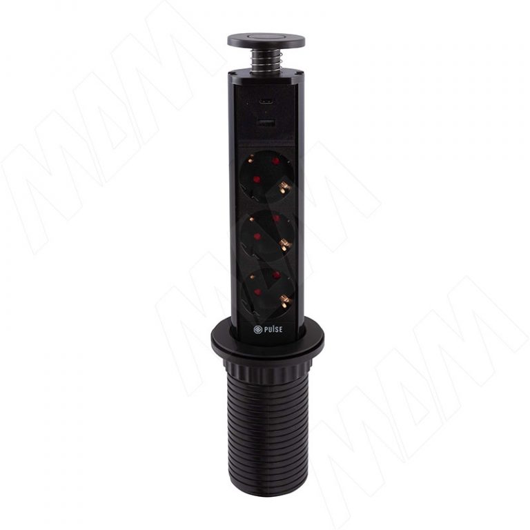 POST выдвижной блок розеток, d=60 мм, 3 розетки, 1 USB, 1 USB Type-C, быстрая зарядка, черный