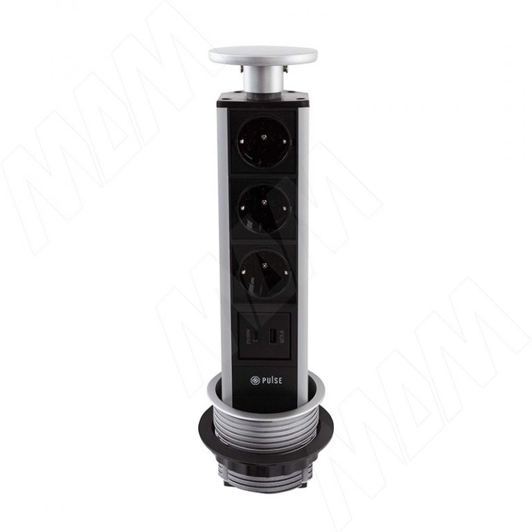 POST выдвижной блок розеток, d=90 мм, 3 розетки, 1 USB, 1 USB Type-C, быстрая зарядка, серебро
