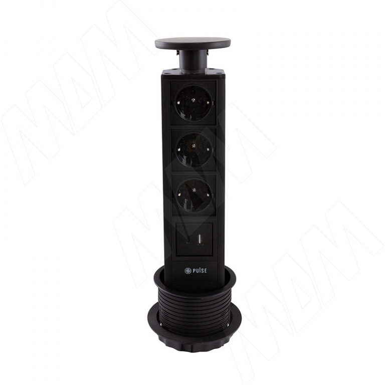 POST выдвижной блок розеток, d=90 мм, 3 розетки, 1 USB, 1 USB Type-C, черный
