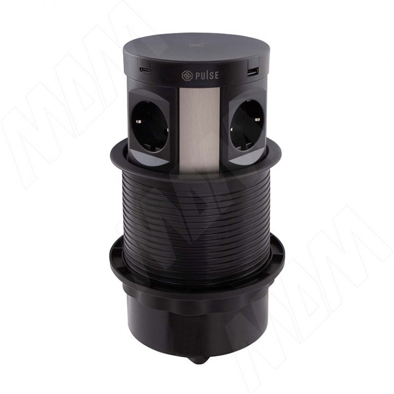 PUFF выдвижной блок розеток, d=122 мм, 4 розетки, 2 USB, 2 USB Type-C, быстрая зарядка, беспроводная зарядка, черный