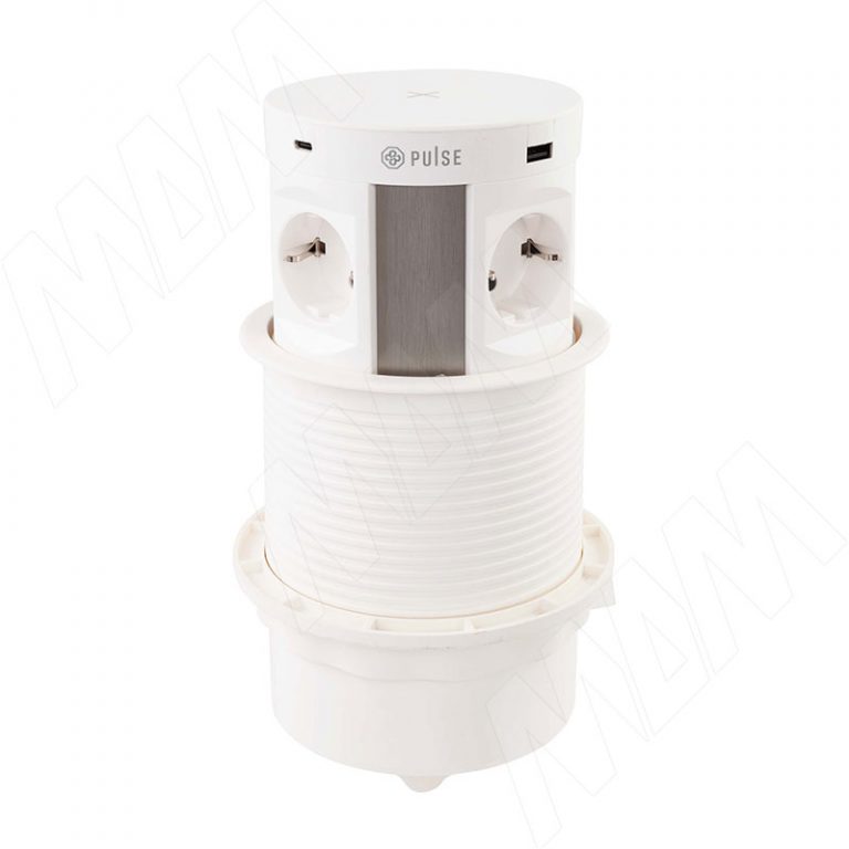 PUFF выдвижной блок розеток, d=122 мм, 4 розетки, 2 USB, 2 USB Type-C, быстрая зарядка, беспроводная зарядка, белый