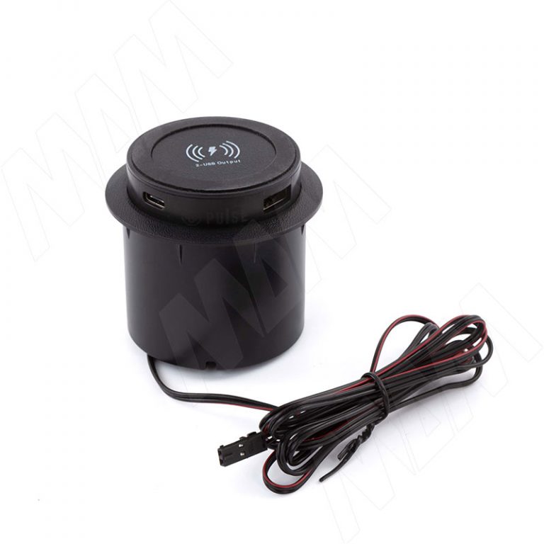 PUFF mini выдвижной блок розеток, d=60 мм, 1 USB, 1 USB Type-C, 12V беспроводная зарядка, 15W, черный