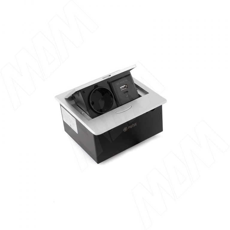 POP-UP выдвижной блок розеток, 137*134 мм, 1 розетка, 1 USB, 1 USB Type-C, серебро