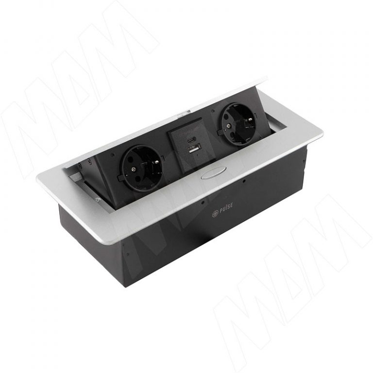 POP-UP выдвижной блок розеток, 265*118 мм, 2 розетки, 1 USB, 1 USB Type-C, быстрая зарядка, серебро