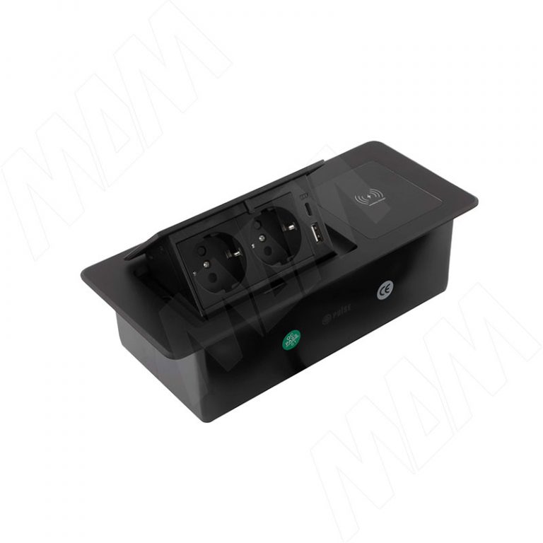 POP-UP выдвижной блок розеток, 265*118 мм, 2 розетки, 1 USB, 1 USB Type-C, быстрая зарядка, беспроводная зарядка, черный
